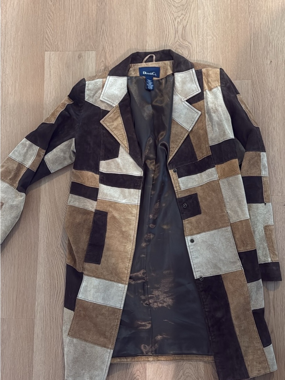 VINTAGE Denim&Co Patchwork Suede Pea Coat in Brown, Tan & Cream